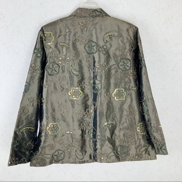 Susan Graver Sequin Taffeta Jacket Sage Green Floral Embroidery Holiday - Picture 9 of 11